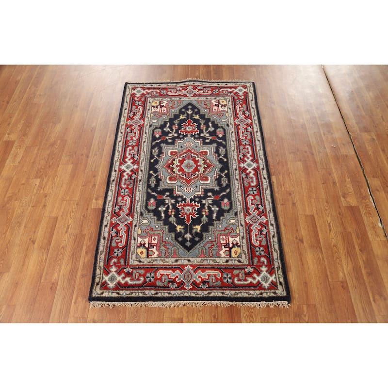 Geometric Blue Heriz Serapi Foyer Rug Hand-Knotted Wool Carpet - 3'0" x 4'11"