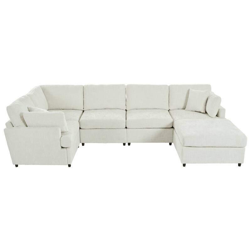 6-Piece U-Shaped Sectional Corner Sofa with Movable Ottoman and Durable Chenille Fabric for Versatile Living Spaces