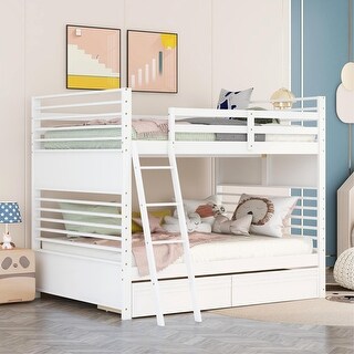 Modern Stairway Full Over Full Size Loft Bed Bunk Bed with 2-Drawers and Convertible Ladder and Slide