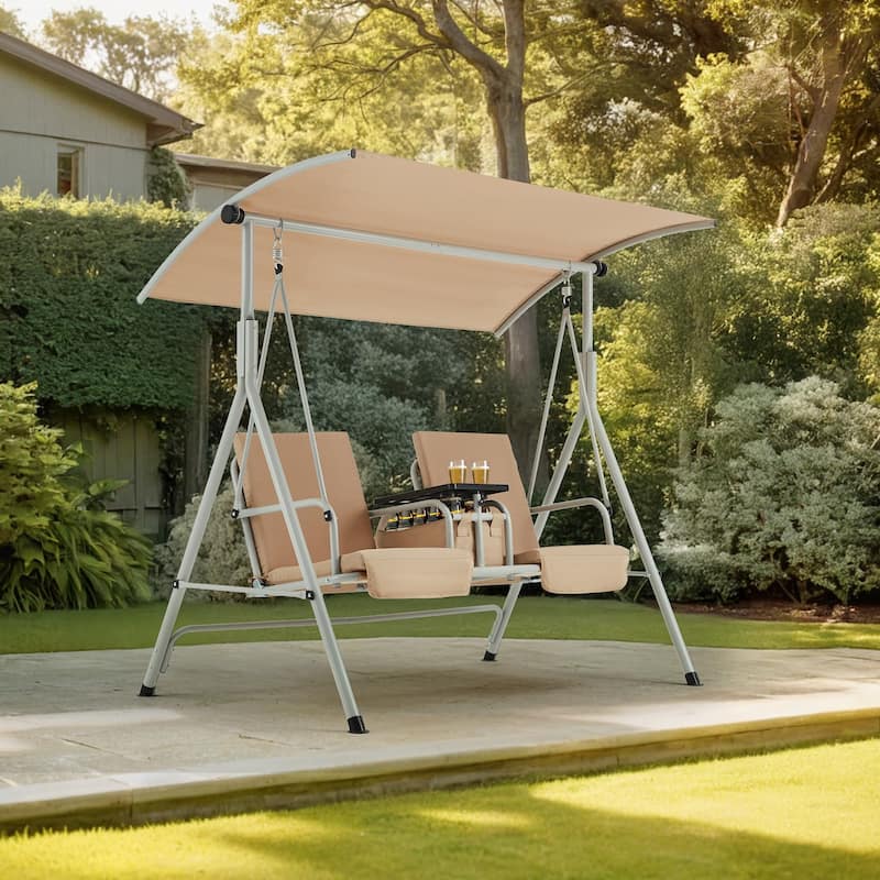 Outdoor Swing with Stand, Canopy, Pivot Table & 2 Cup Holders - Patio, Balcony, Bedroom - Beige