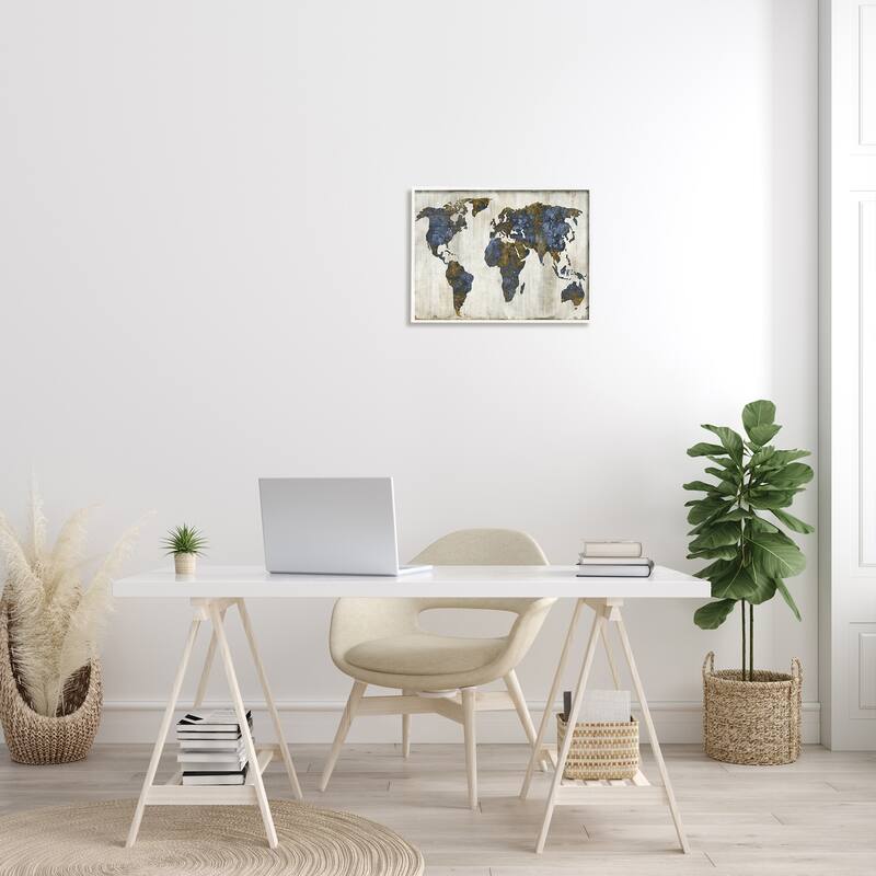Stupell Gold Blue World Map Design Framed Wall Art