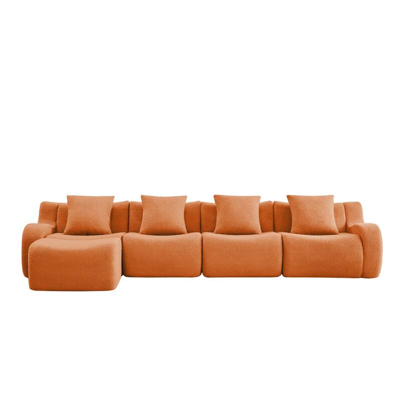 Oversized Sectional Sofa with Ottoman for Living Room, 118" Modern Floor Teddy Fabric Sofa L-Shape Couch with 4 Throw Pillows