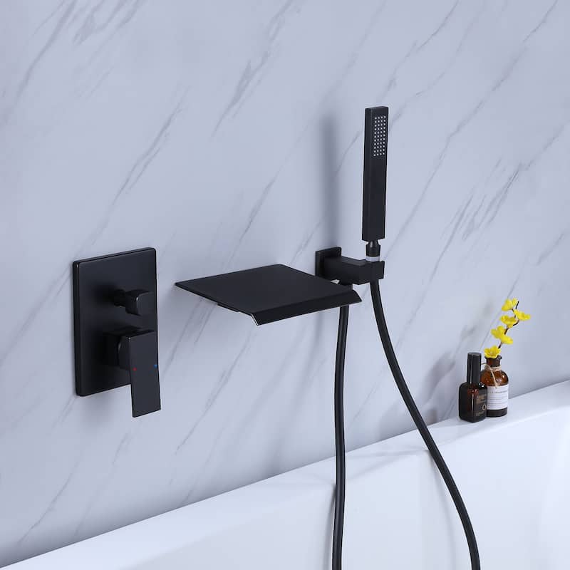 Wall Mounted Tub Faucet With Hand Shower Single Handle Bathroom Bathtub Faucets Modern Waterfall Tub Filler Trim Set 3 Holes - Matte Black