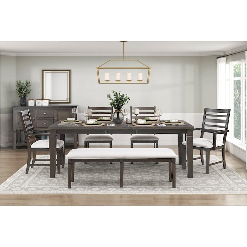 Dark Espresso Finish Dining Furniture Set Table with Extension Leaf Upholstered Bench Chairs - 6pc Set