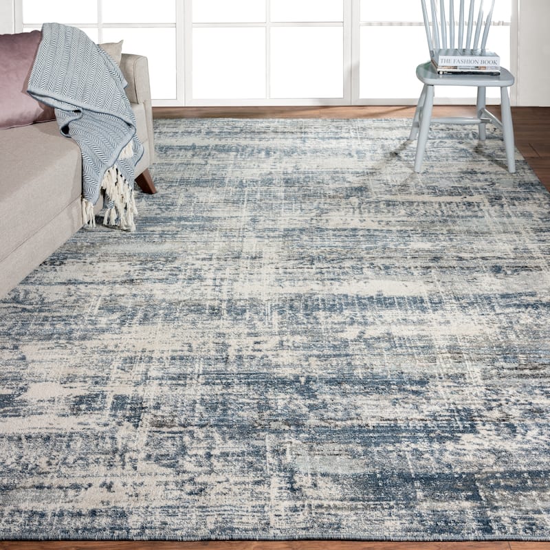 Theory Distressed Denim Blues / Greys Abstract Area Rug