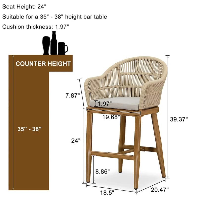 PURPLE LEAF Counter BarStools Set of 4 Aluminum Dining Chairs with Back and Cushions Rattan Bar Stools