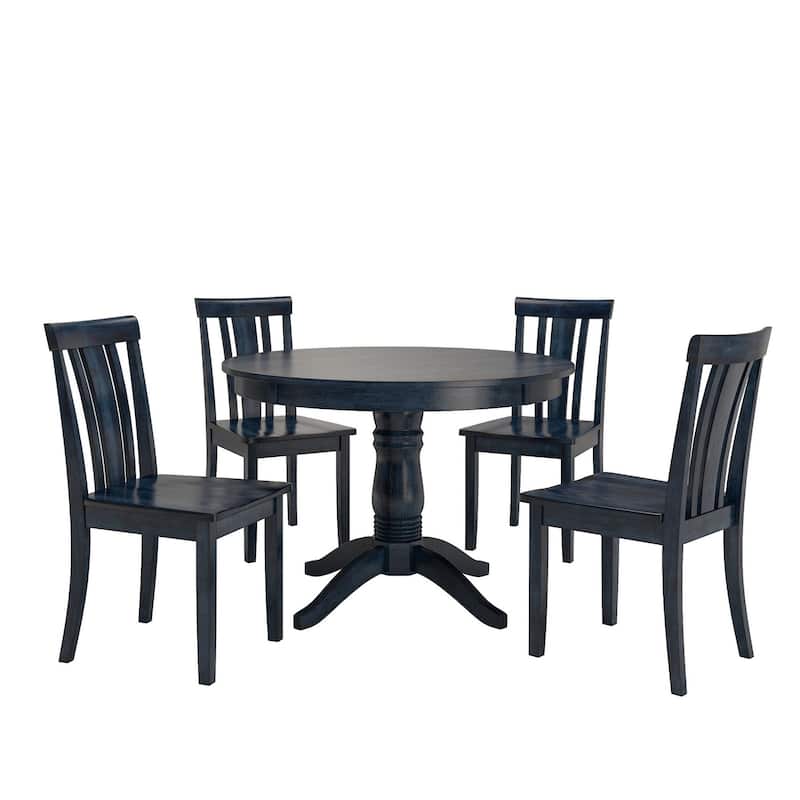Wilmington II Round Pedestal Base Antique Dark Denim 5-Piece Dining Set by iNSPIRE Q Classic - Slat Back Chairs
