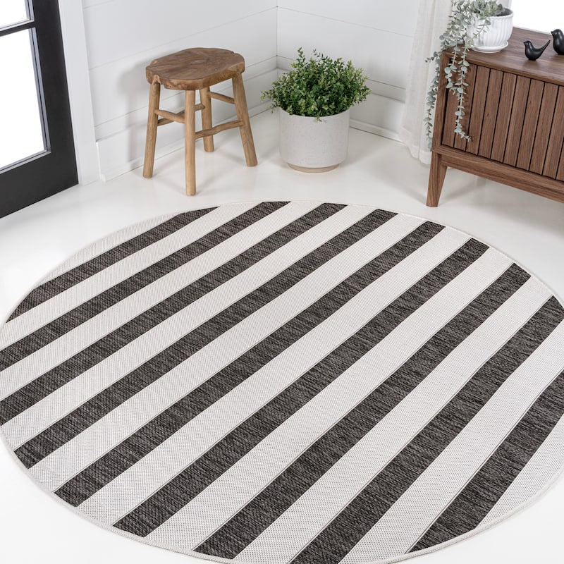 JONATHAN Y Tavira Wide Stripe Indoor/Outdoor Area Rug - 6' Round - Black/Cream