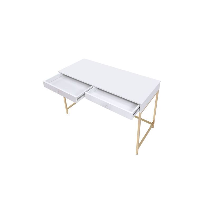 Modern Desk with Drawers, White Gold Office Computer Writing Table