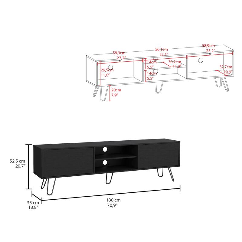 Stylish TV Console with Hairpin Legs, Hinged Storage Drawers & Open Middle Shelves, 55-Inch TV Stand for Living Room