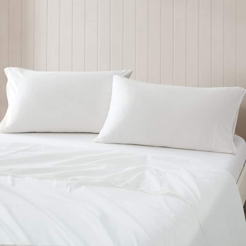 Lush Decor Evelyn Lace Trim White Cotton 4-Piece Sheet Set