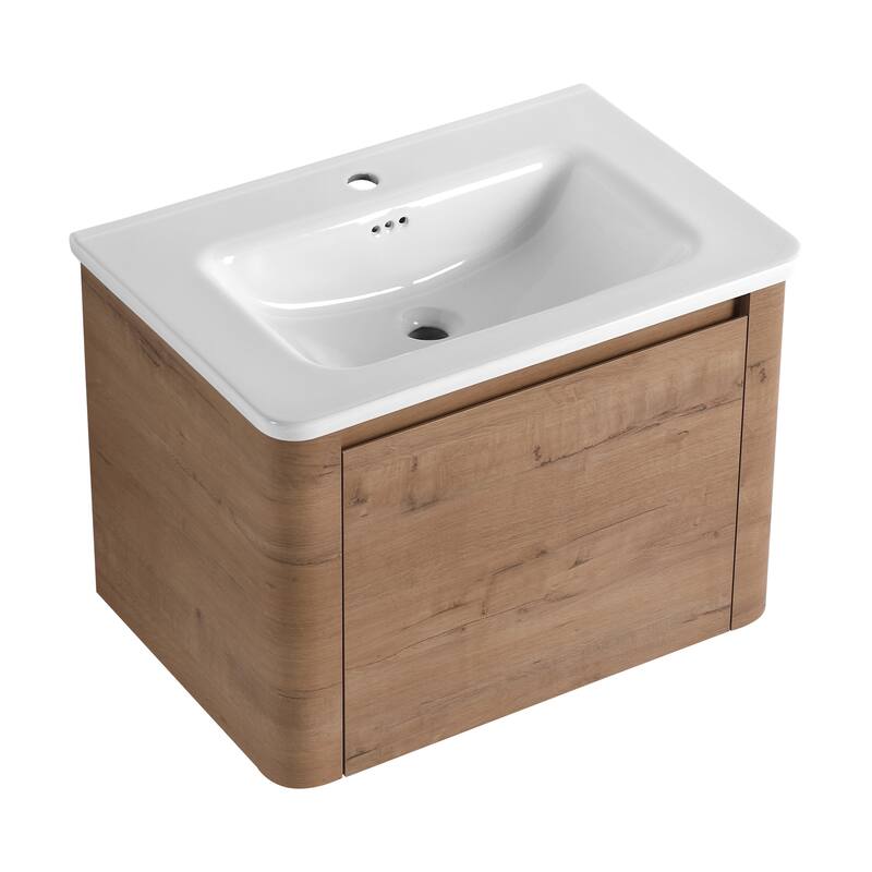 28'' Wall-Mounted Bathroom Vanity with White Ceramic Sink & 1-Soft-Close Door, KD-Packing, Plywood