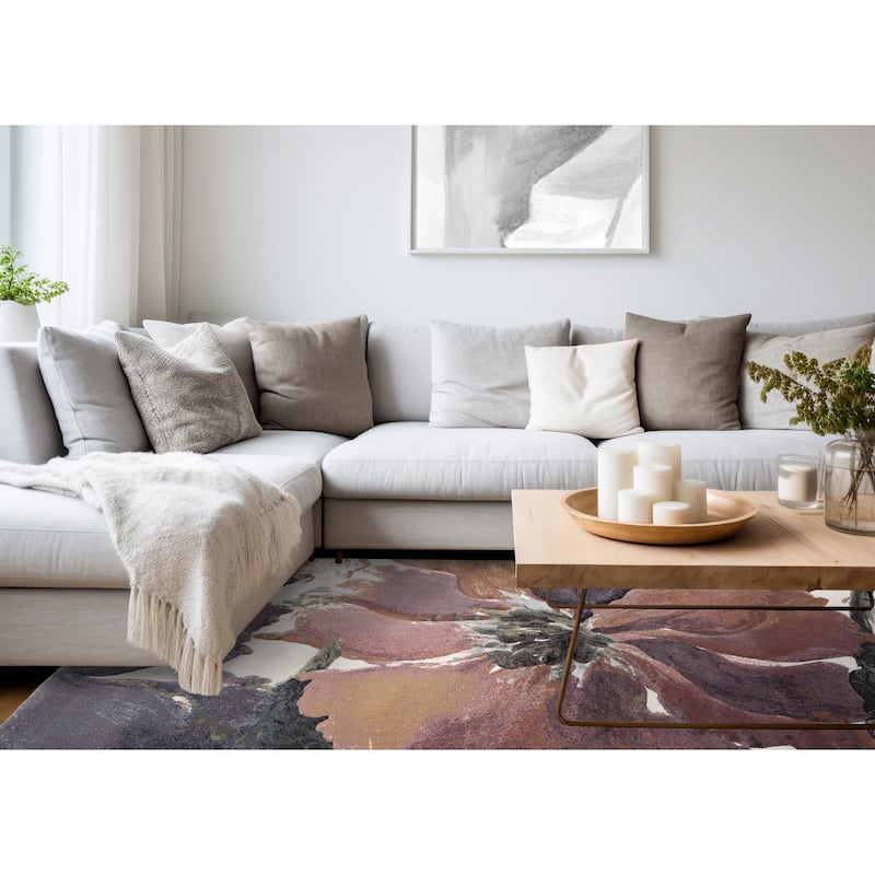 Amelia Collection - Dense Cream Pink Purple Floral Area Rug