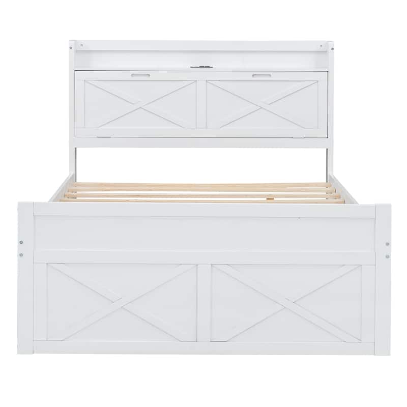 Full Size Wooden Bed with Storage Headboard with Outlets, Extendable Bed with Twin Size Trundle with Three Storage Drawers,White