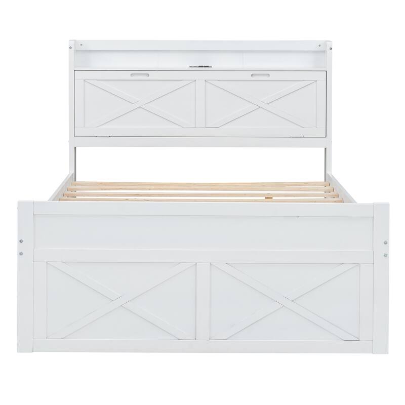 Full Size Wooden Storage Bed with Headboard Outlets, Extendable Trundle and Three Drawers, White
