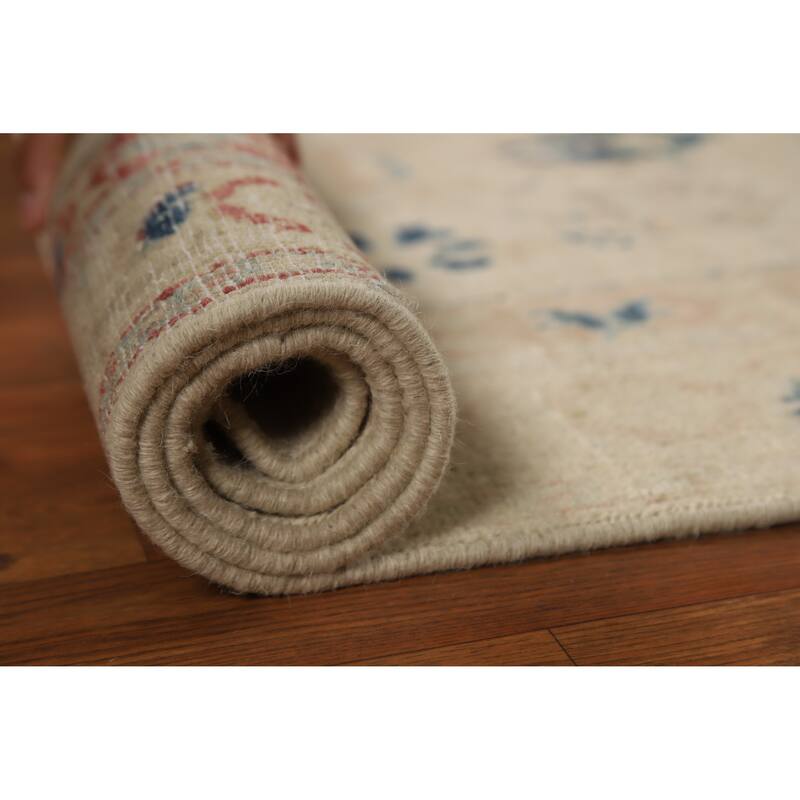 Hand Knotted Oriental 100% Wool Carpet Traditional Floral Beige & Ivories Art Deco Runner Rug - 11' 10'' X 3' 0''