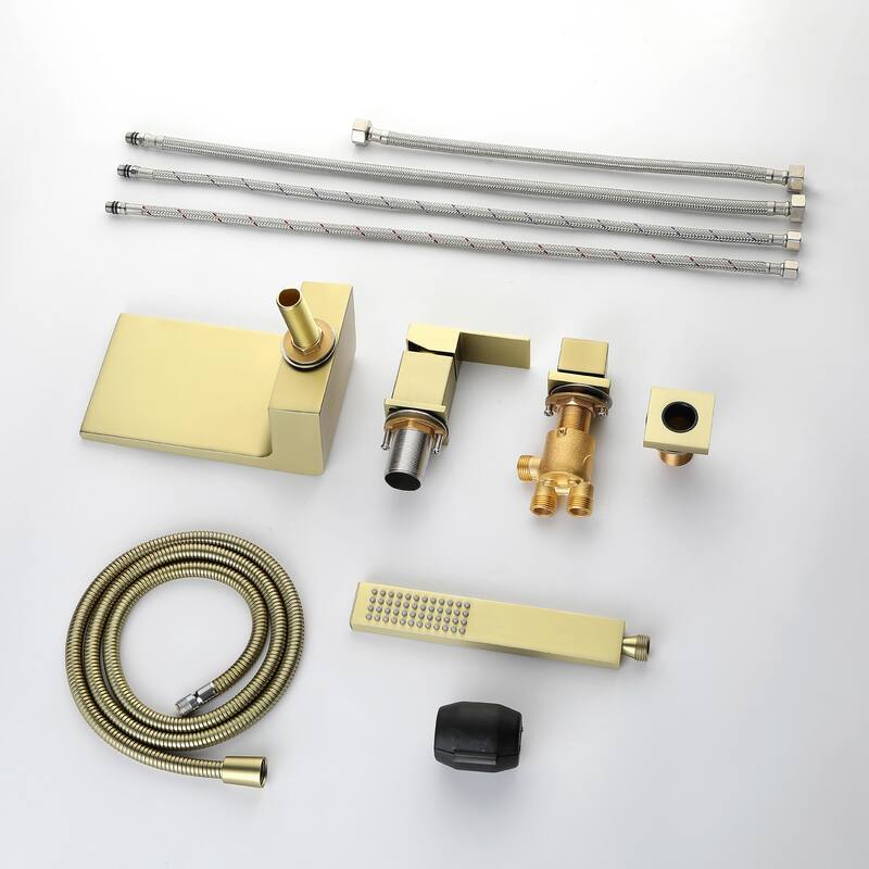 CASAINC Single-Handle Tub Mount Roman Tub Faucet with Hand Shower in Brushed Gold