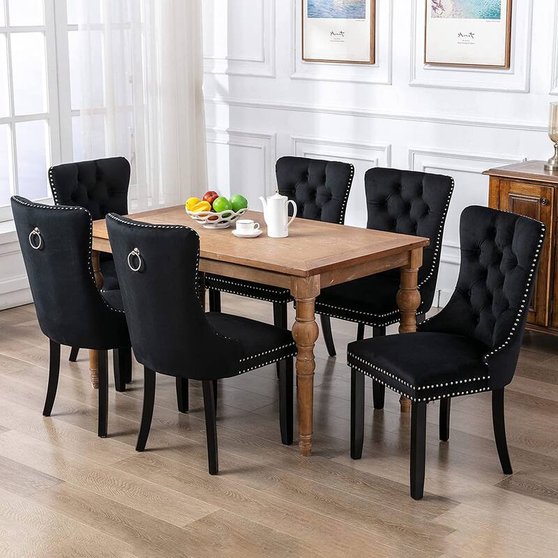 Set of 2 Velvet Dining Chairs – Tufted Upholstered Armless Accent Chairs with Nailhead Trim & Back Ring Pull