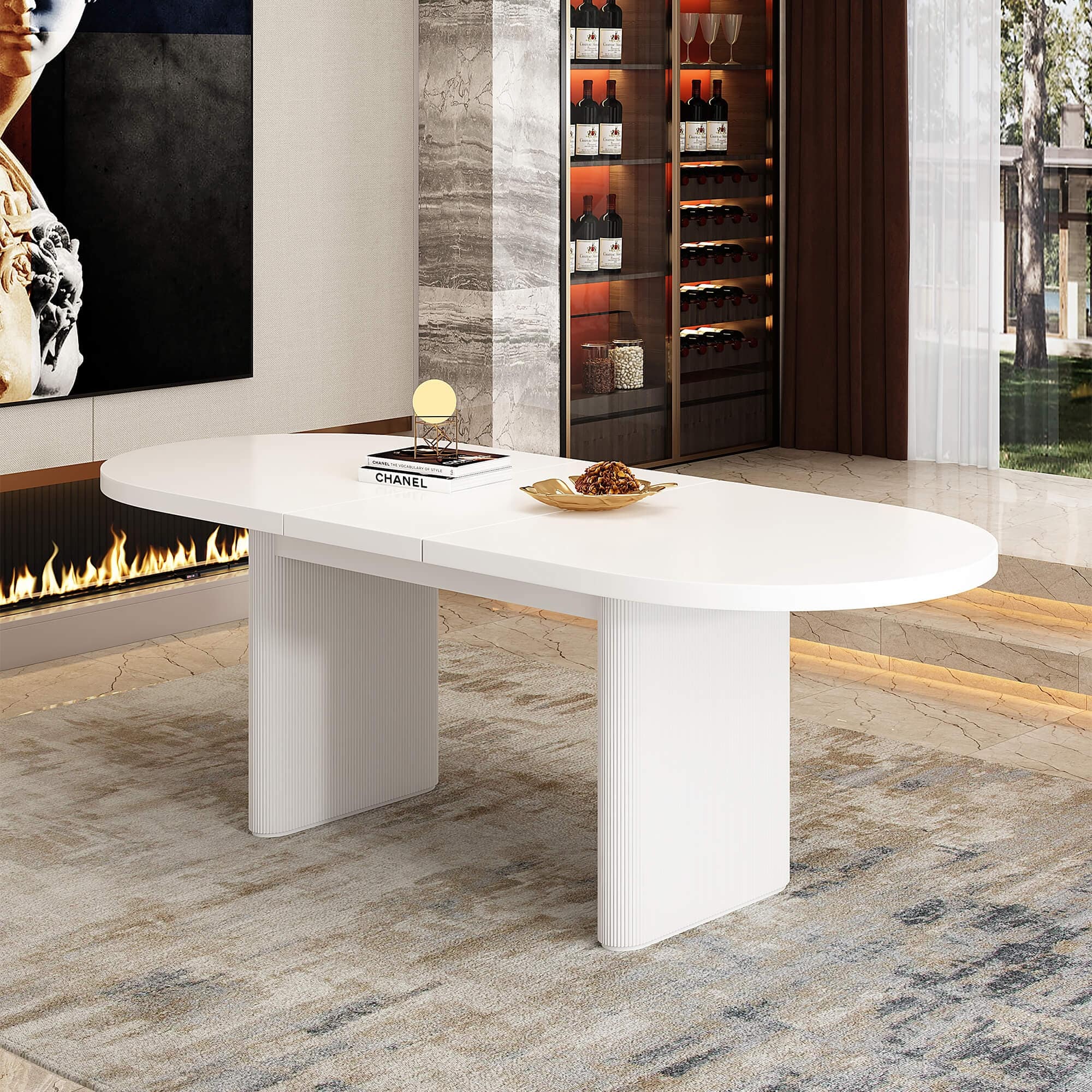 Modern Solid Wood Dining Table in Pure White, Extendable