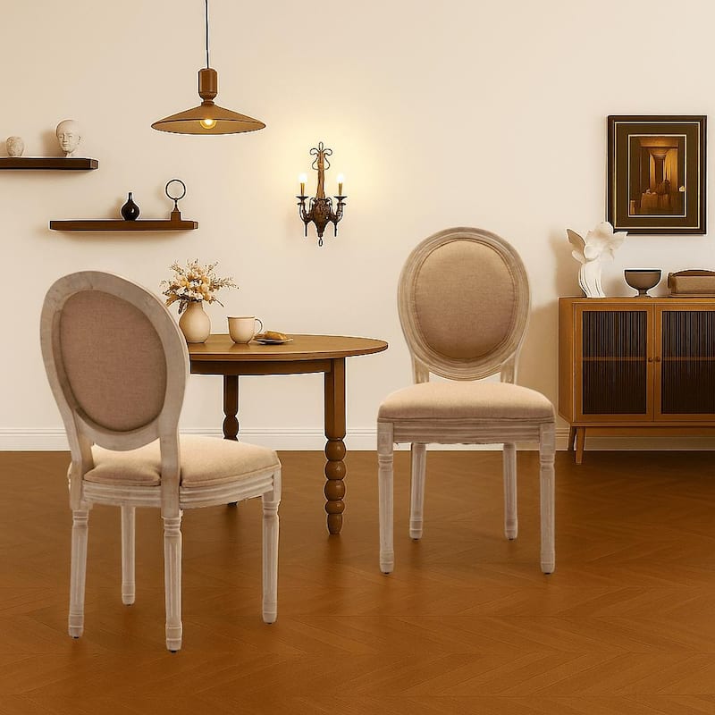 Vintage French Style Set of Two Linen Upholstered Dining Chairs with Solid Rubberwood Frame Legs - Tan