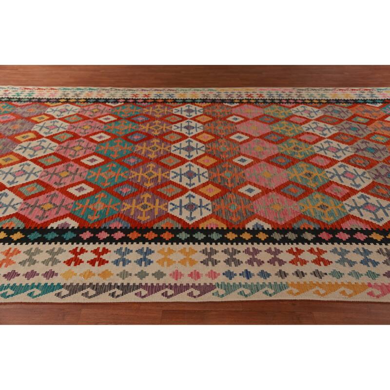 Geometric Kilim Large Rug Flatweave Multi-Color Wool Carpet - 10'2"x 15'11"