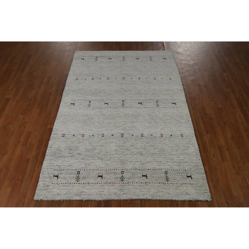 Hand Knotted Oriental 100% Wool Carpet Tribal Animal Pictorial Beige & Ivories Gabbeh Area Rug - 7' 10'' X 5' 2''