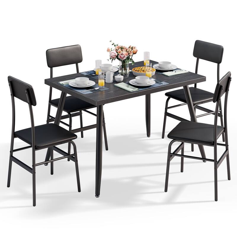 5-Piece Mid-Century Rectangular Dining Table, Industrial Kitchen Table Set with 4 Faux Leather Chairs