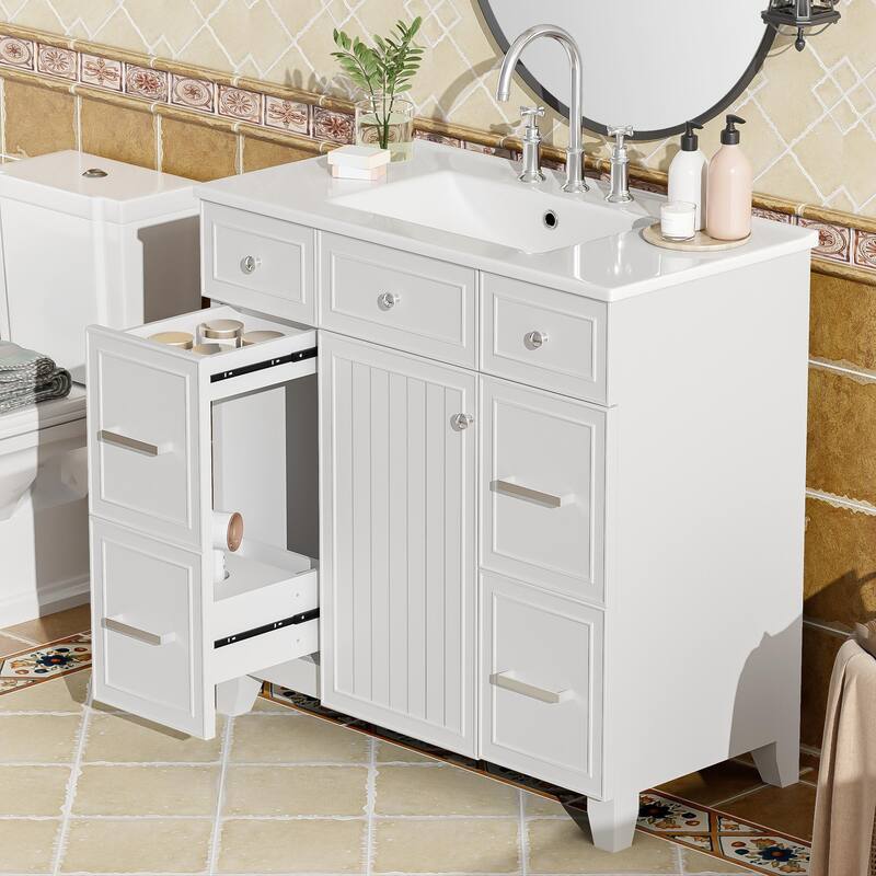 36" Bathroom Vanity with Ceramic Sink, Blue, Solid Wood Frame, Soft-Close Doors, Adjustable Shelves