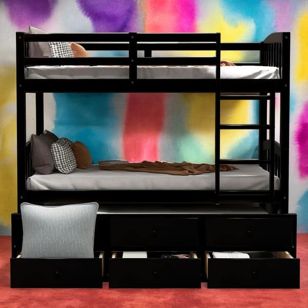 slide 2 of 16, Twin over Twin Bunk Bed With Ladder And Safety Rail,Trundle with 3 Drawers Espresso