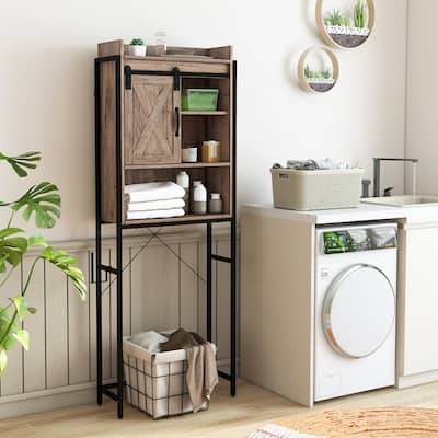 4-Tier Over Toilet Storage Cabinet with Adjustable Shelves and Sliding Door for Bathroom Organization - 25"W x 9.5"D x 67.5"H