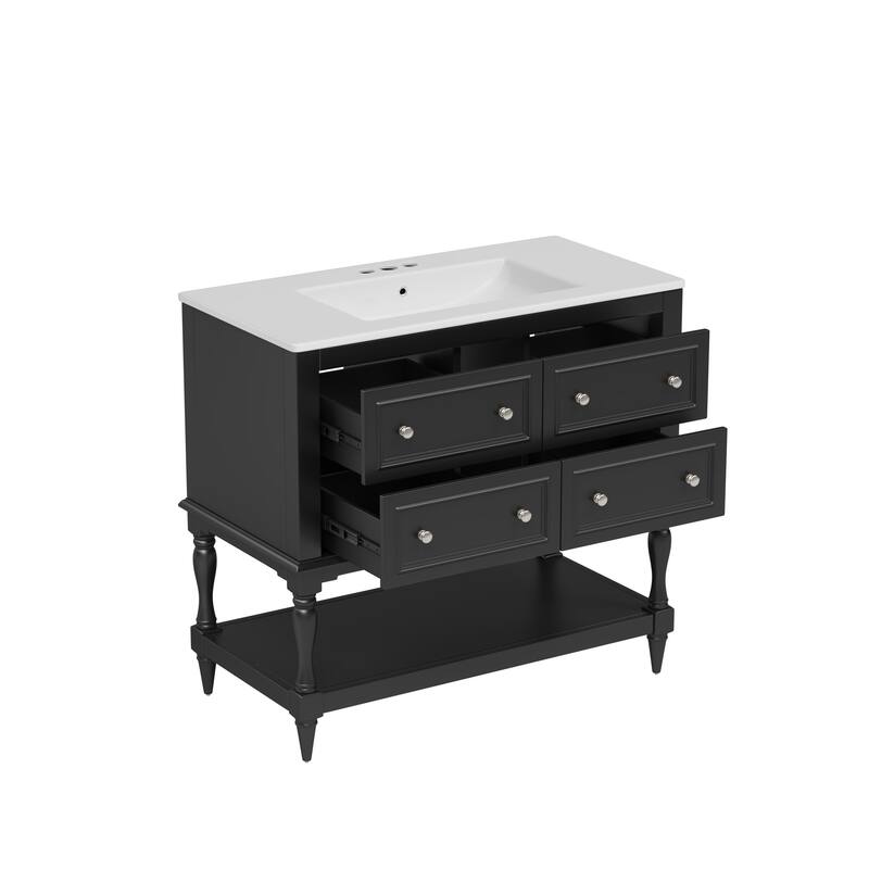 Bathroom Vanity with Ceramic Sink, Solid Wood Vanity Set with 4 Drawers, Bathroom Storage Cabinet with Open Shelf