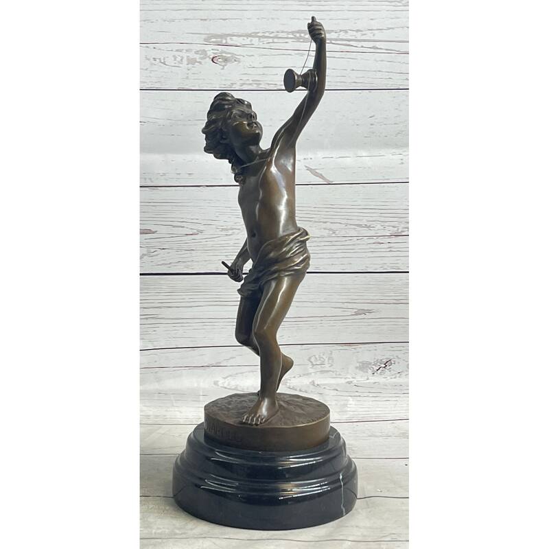 Lb Diabolo Signed Goldscheider Young Boy With Sling Bronze Sculpture Statue