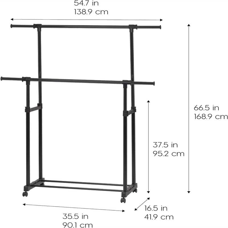 Double Rod Height Adjustable Clothes Rack with Extendable Bar and Lockable Wheels