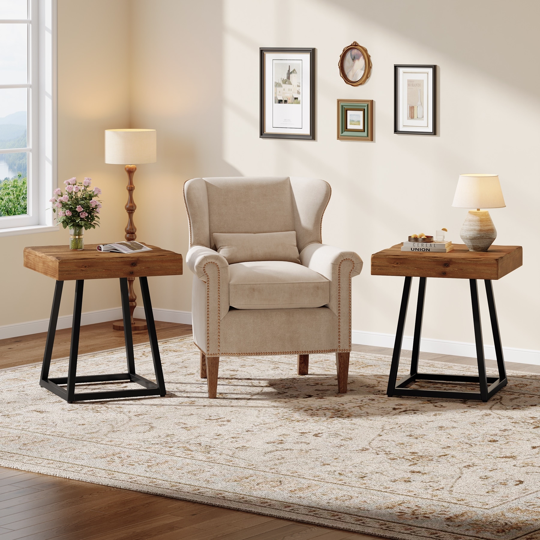 Solid Wood Industrial Nightstand with Metal Frame