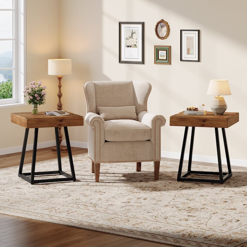 Solid Wood Industrial Nightstand with Metal Frame - 2 Packs - Brown