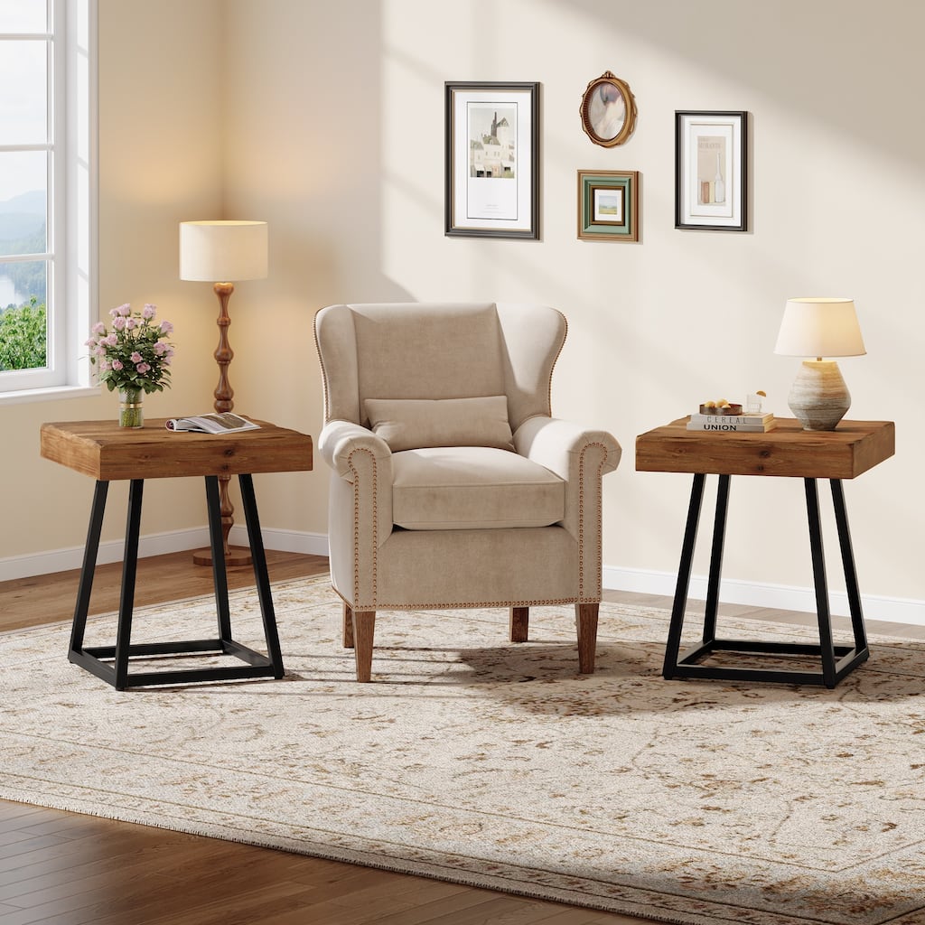 Solid Wood Industrial Nightstand with Metal Frame