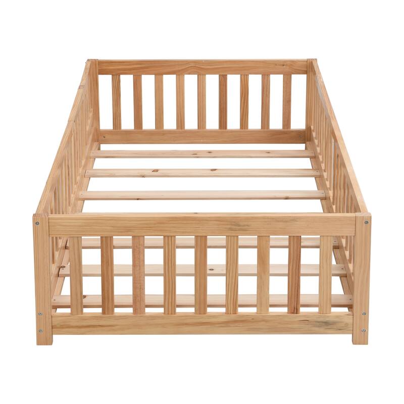 Solid Wood Platform Floor Bed with Safety Guardrails and Door for Children, Natural Pine Wood