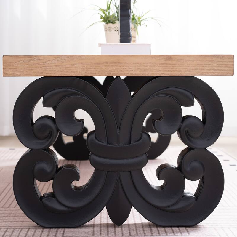 Black Scroll Base Coffee Table, Rectangular Wood Accent Table for Modern Farmhouse Living Rooms