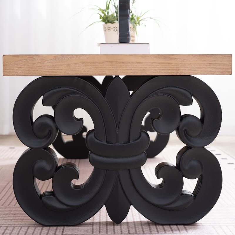 Wood Coffee Table-47" Rectangular Table With Carved Base And Natural Wood Top
