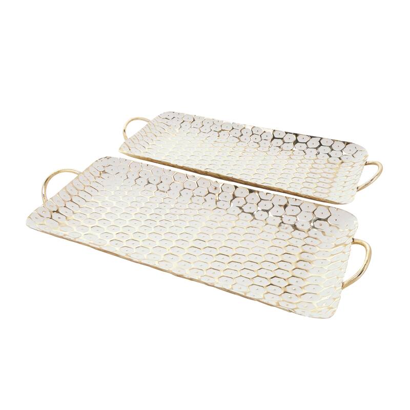 Gold Metal Geometric Dot Geometric Living Room Decor Tray with White Accents (Set of 2)