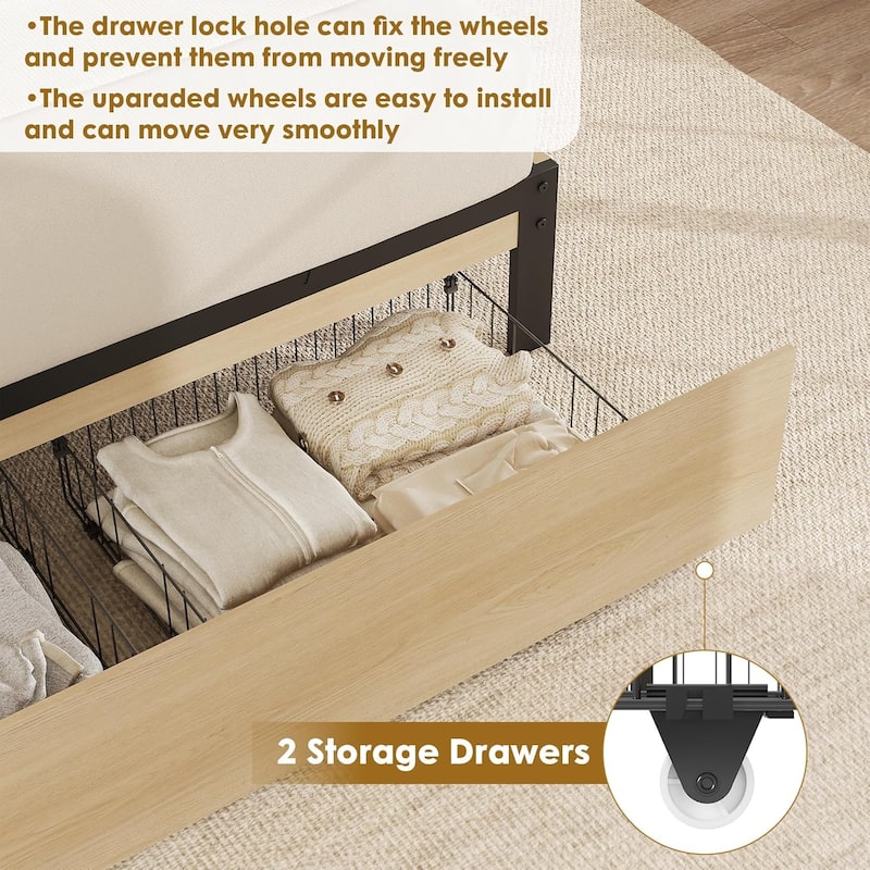Cane Bed Frame with 2 Storage Drawers and Strong Wood Slats Support