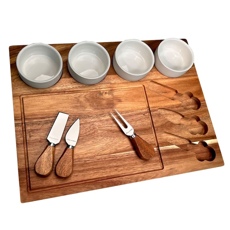 NCAA Clemson Tigers Large Premium Acacia Charcuterie Board with Ceramic Bowls & Cheese Tools - 17" x 13"