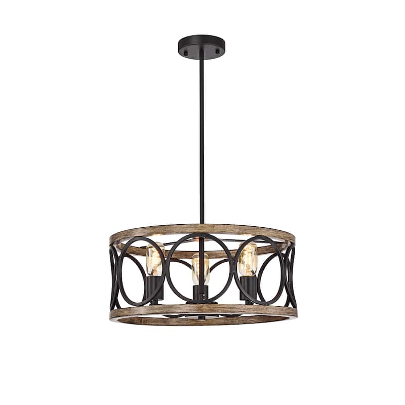 Shacer Matte Black/Faux Wood 3-light Drum Cage Chandelier