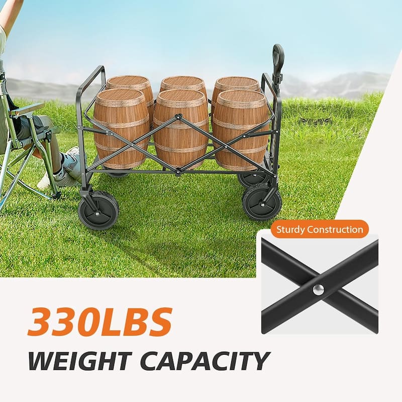 Collapsible Folding Wagon, Wagon Cart Foldable with Two Drink Holders, Utility Grocery Wagon for Camping Shopping Sports