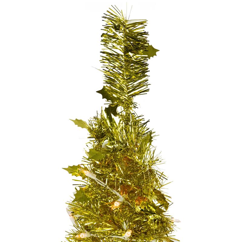 6' Pre-Lit Gold Tinsel Pop-Up Artificial Christmas Tree, Clear Lights - 6 Foot