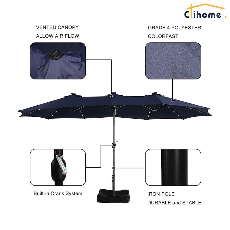 Clihome 15FT Double-Sided Solar Light Market Crank Umbrella with Base