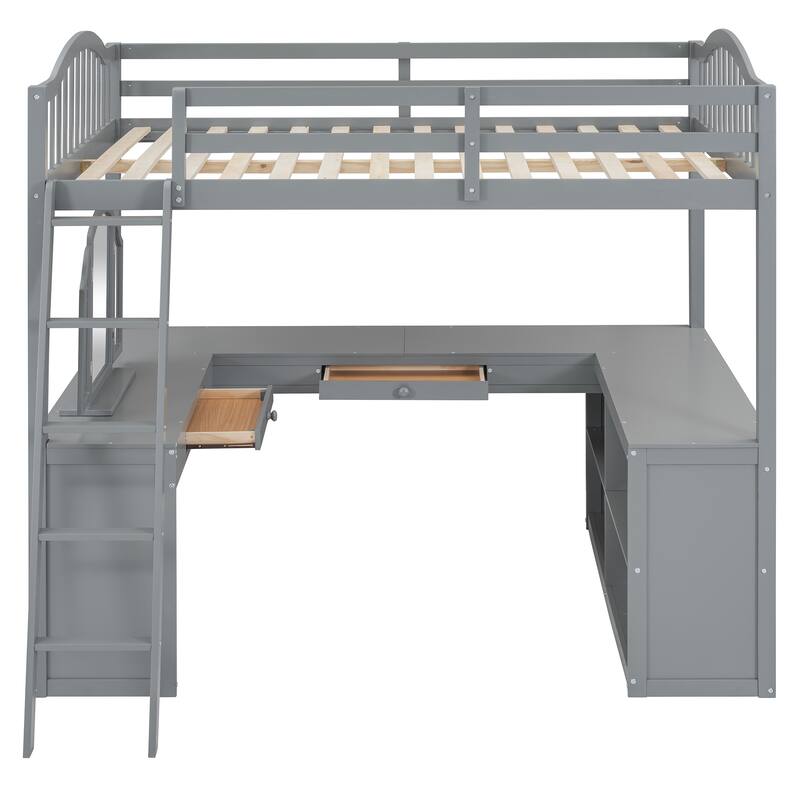 Full Size Pinewood Loft Bed with U-shaped Desk, Storage Compartments, and Tri-fold Mirror