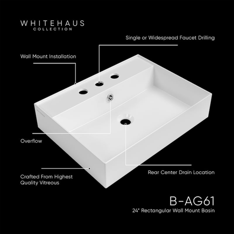 Rectangular Wall Mount Basin with Faucet Drilling Options and Overflow