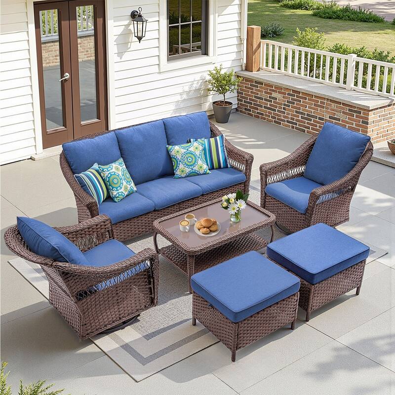 Pocassy 6 Pieces Sofa Swivel Chair Table with Ottomans - Brown & Blue