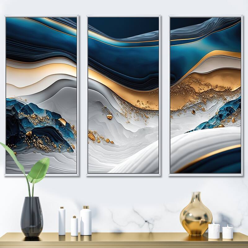 Designart "Abstract Geode Waves Blue II" Modern Waves Framed Canvas Art Print - 3 Panels